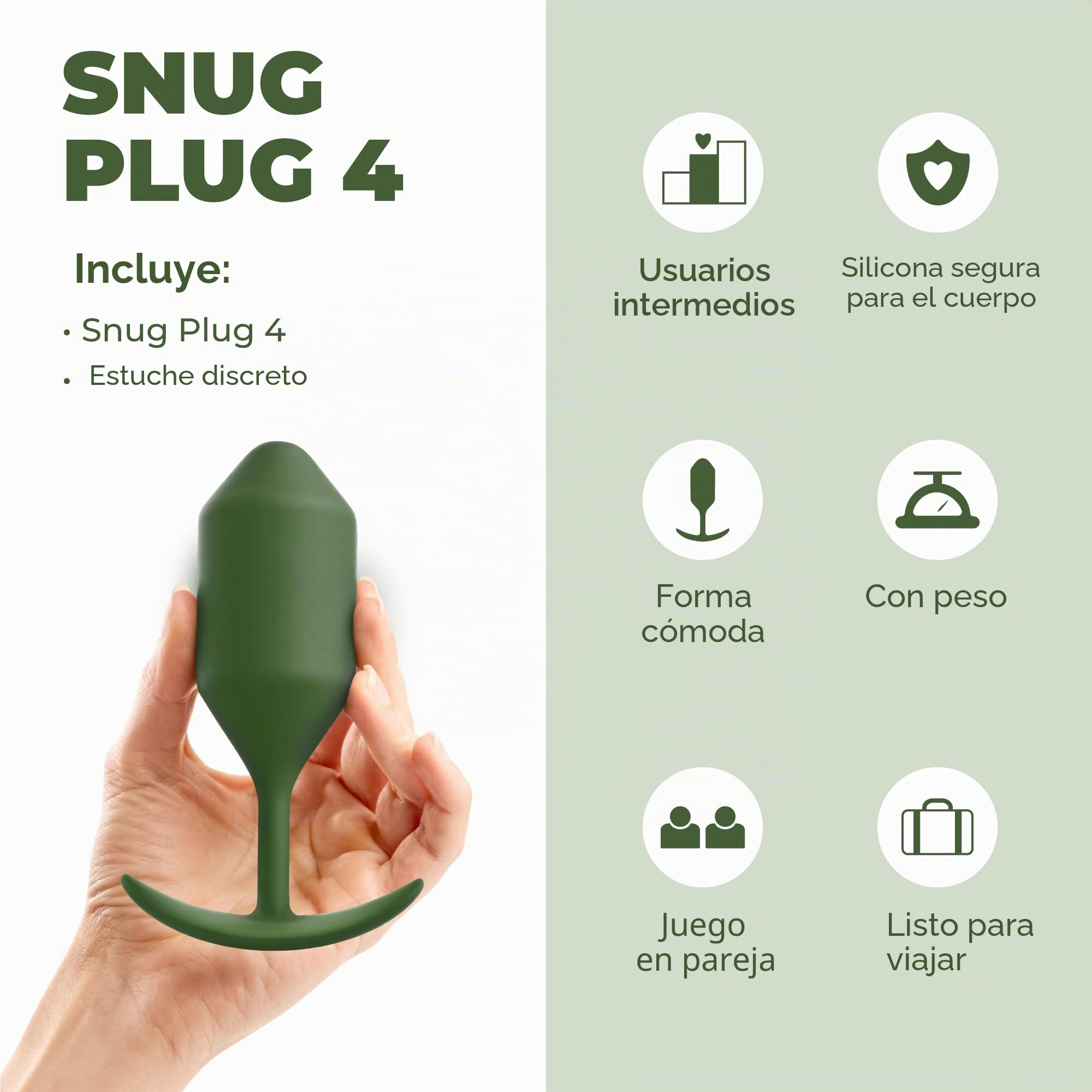 b-Vibe - The Snug Plug 4 - Verde militar - Enchufe anal de 257 gramos que cuenta con una base acampanada y bolas pesadas