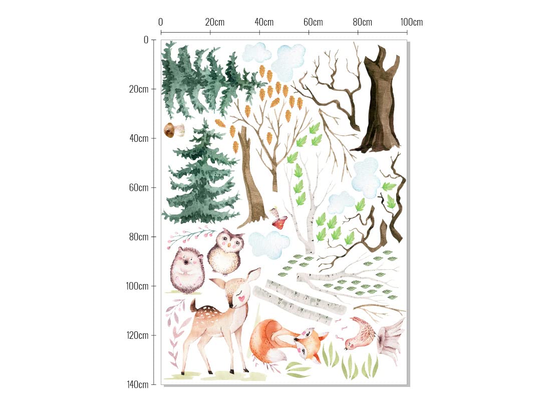 adesivo da parete per bambini, motivo: animali della foresta, foglie, cervo, riccio, uccelli, foresta, cameretta dei bambini, adesivo OS3621 (200 x 110 cm)