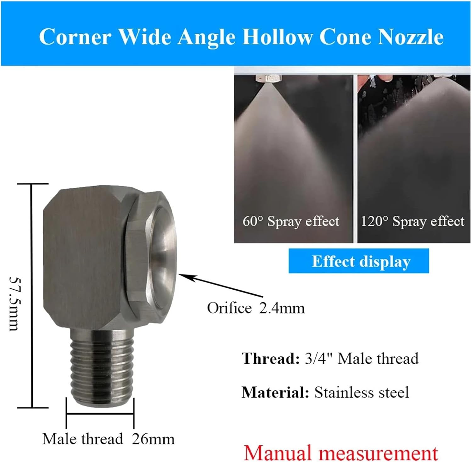 Stainless Steel Wide Angle Hollow Cone Nozzle, High Pressure Atomizing Spray Tip for Industrial Cleaning & Humidification(3of4 2.4mm)