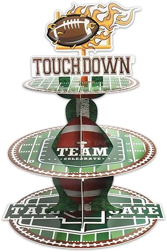 Soporte de 3 niveles para cupcakes de fútbol americano para mesa de postre, rollos deportivos, bolas, cupcakes, bandeja de torre, cartón verde y disponible en Yaxa Peru