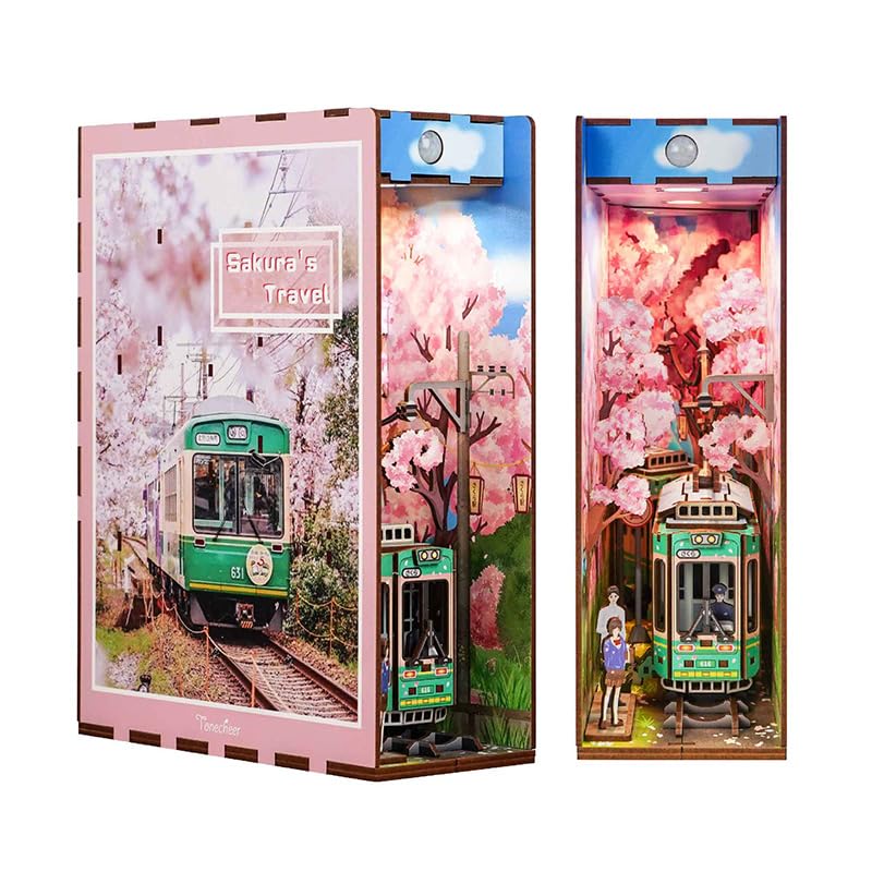Tonecheer DIY Book Nook Kit Modellbausatz 3D-Holzpuzzle für Erwachsene zum Baue Miniatur Haus Kit Puppenhäuser Bastelset mit Licht Japan Geschenkideen für (Sakuras Reise)