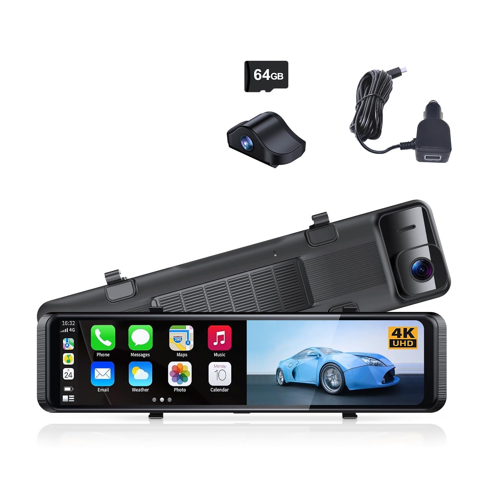 12 4K Mirror Dash Cam Front and Rear Wi-Fi 6 Rear View Mirror Camera with 64GB Card Voice