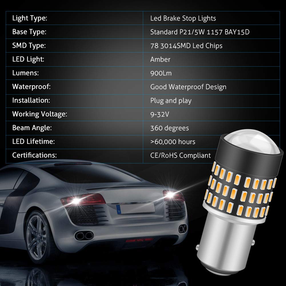 KATUR 1157 BAY15D 1016 1034 7528 żarówka LED 900 lumenów 3014 78SMD żarówki LED do kierunkowskazu hamowania, cofania, cofania, światła hamowania, bursztynowe (opakowanie 10 szt.)