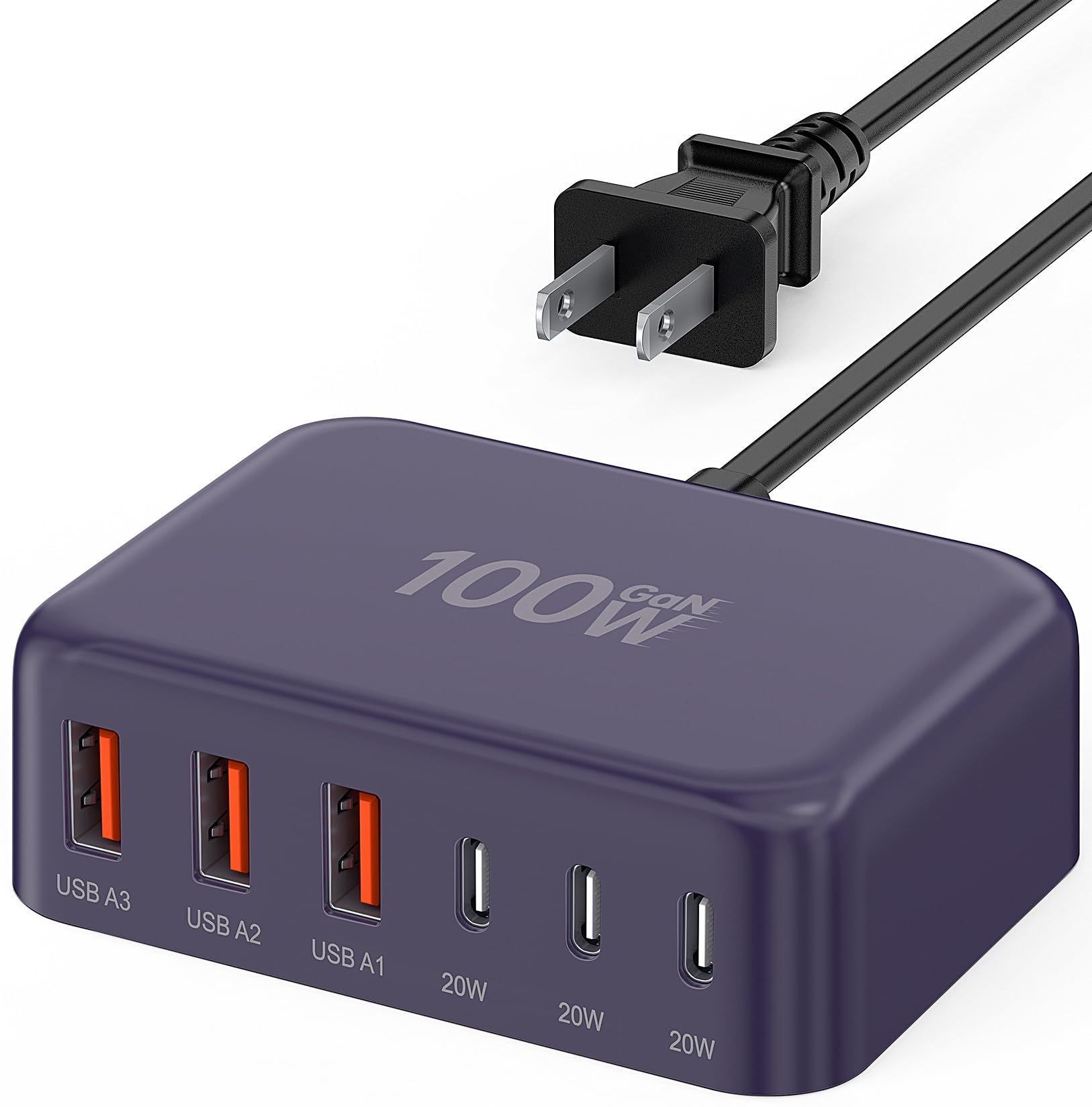 BREEKET Cargador rápido USB C 100W Gan 6 puertos tipo estación de carga USB C Hub Block USB C cargador de pared adaptador de tira de alimentación enchufe ladrillo 3 USB C 3 USB A para iPad Iph