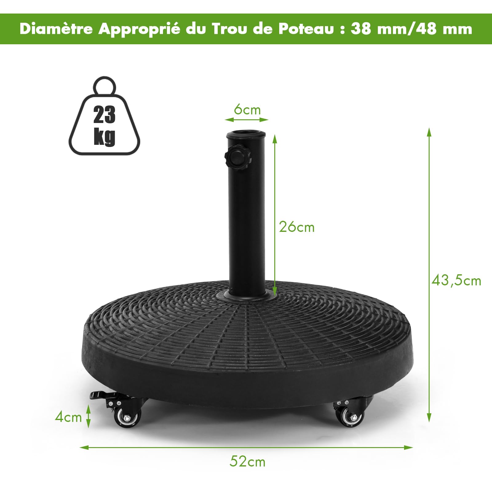 COSTWAY Pied de Parasol sur roulettes ∅52CM 23KG pour Mât ∅38/48 mm,Style 1