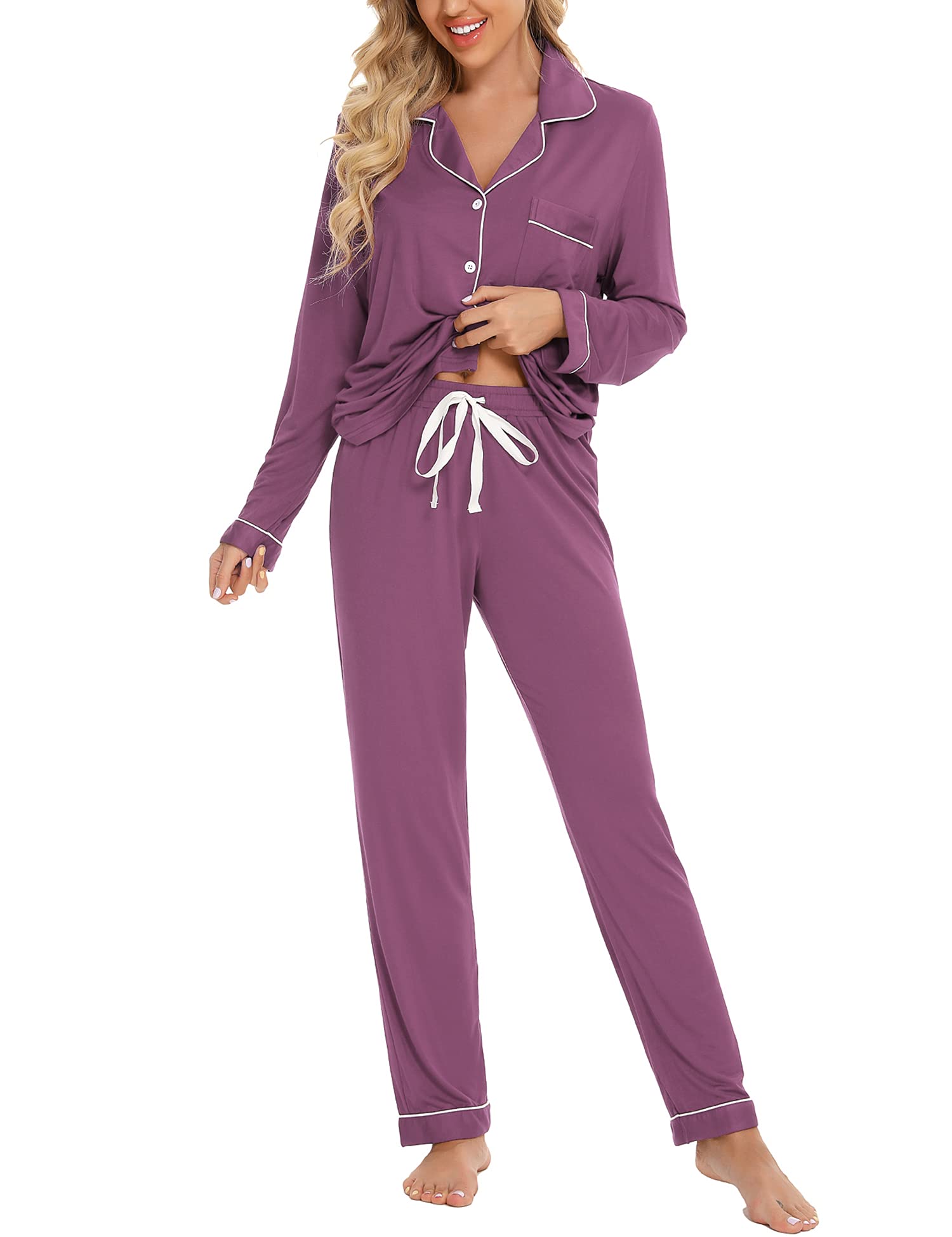 Anjue Women's Button-Up Pajama Set - Soft Short Sleeve Top & Pants, Bamboo Viscose, Sizes S-XXL