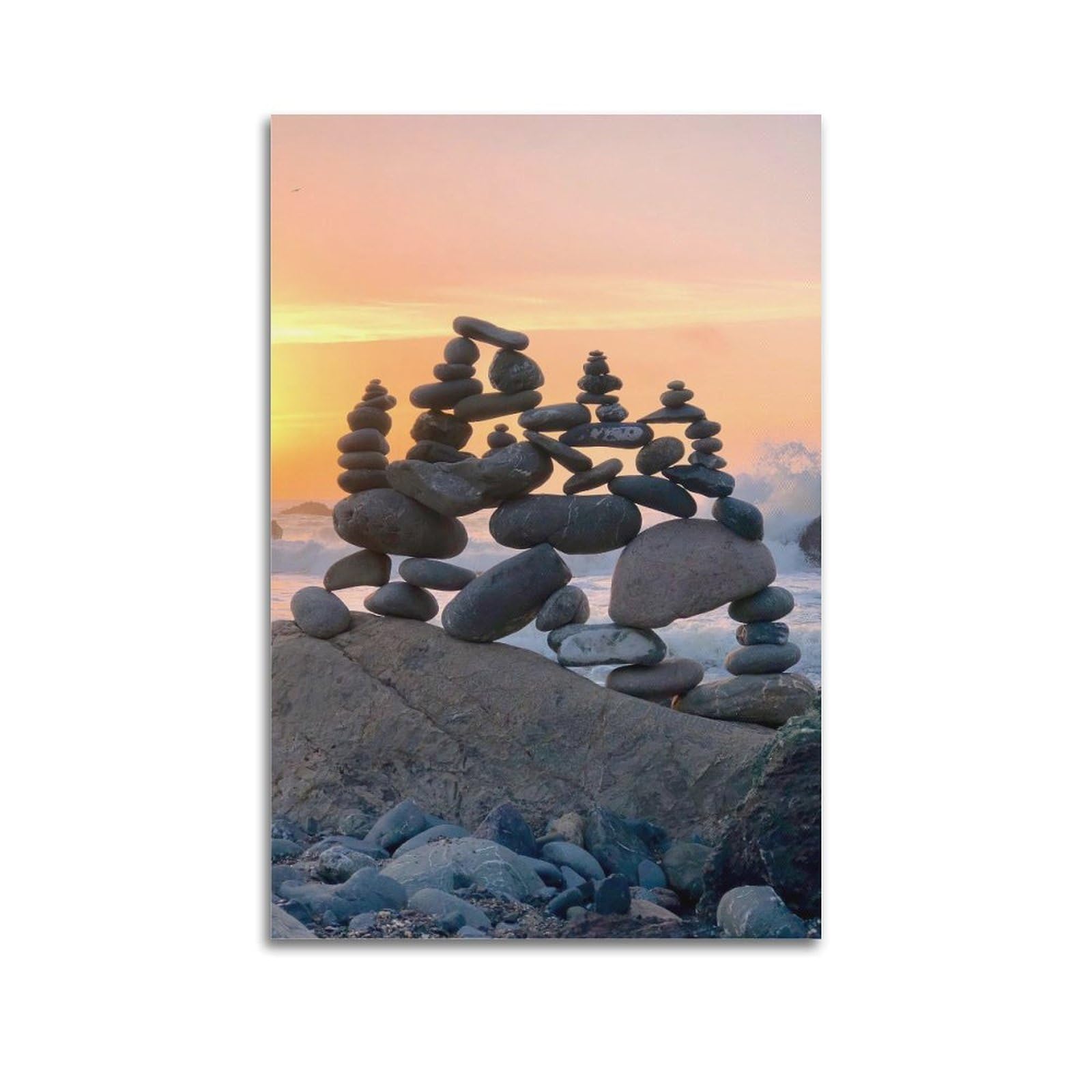 Zen Stones Poster Yoga Meditation Tranquil Sea Stone Tower Rhythm Poster Decorative Painting Canvas Wall Posters And Art Picture Print Modern Family Bedroom Decor Posters 20x30inch(50x75cm)