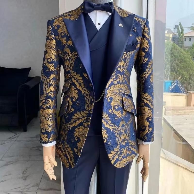 Mens Suits Groom Tuxedo Prom Wedding Suit Peaked Lapel Gold Paisley Slim Fit Blazer Vest Pants 3 Piece Set2
