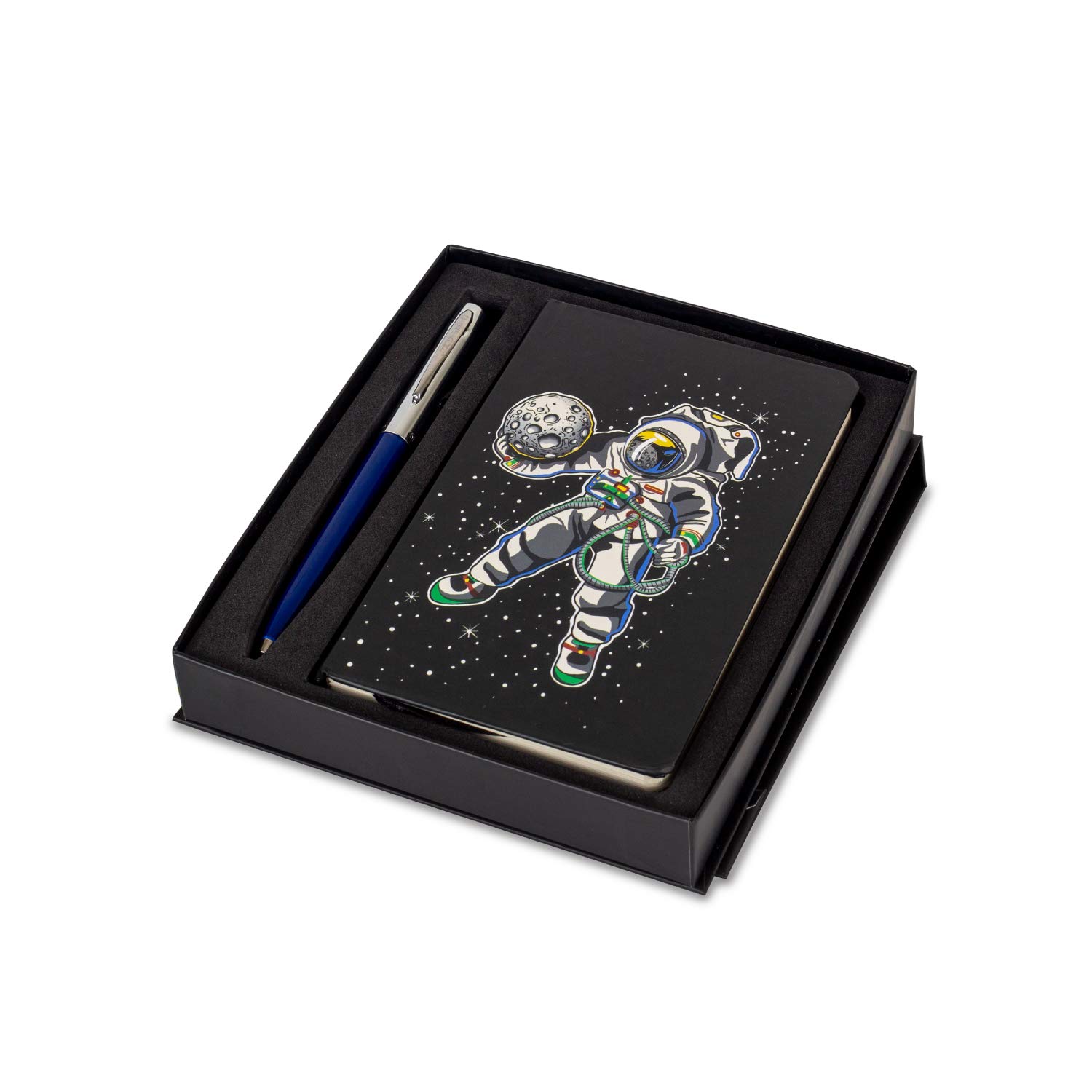Fisher Space Pen 775 Cap-o-Matic Ballpoint Pen Blue with Chrome Body and Astronaut Holds Moon Hard Cover A6 Note Book Combination