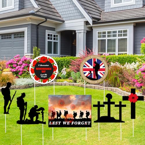 MICJLLT 7 Pcs Lest We Forget Garden Ornaments Remembrance Day Garden Ornaments Statue Remembrance Day Decorations Lest We Forget Soldiers Army Door Plaque Remembrance Gift for Outdoor Courtyard