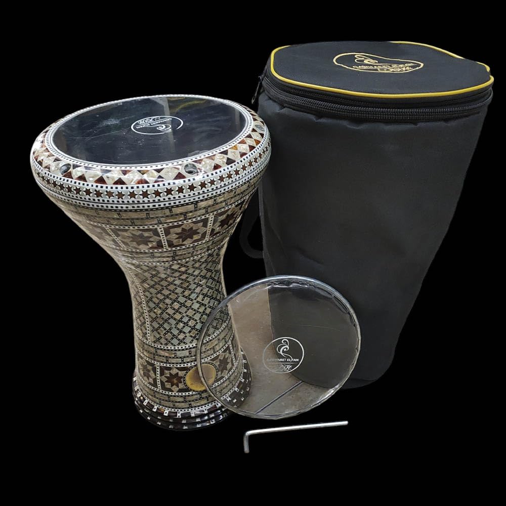 Derbaki oder Darbuka von Gawharet der Fan aus Metall mit Perlmutt und brauner Emaille, hergestellt in Ägypten