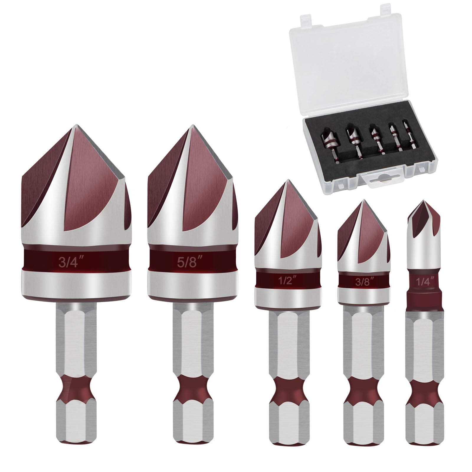 Countersink Drill Bit Set for Metal,Lytool 5Pcs 1/4'' Hex Shank Countersunk Bits,M2 HSS 82 Degree 5 Flute Counter Sink Drill Bits with case for Wood,Aluminum,Mild Steel,Copper,1/4",3/8",1/2",5/8",3/4"