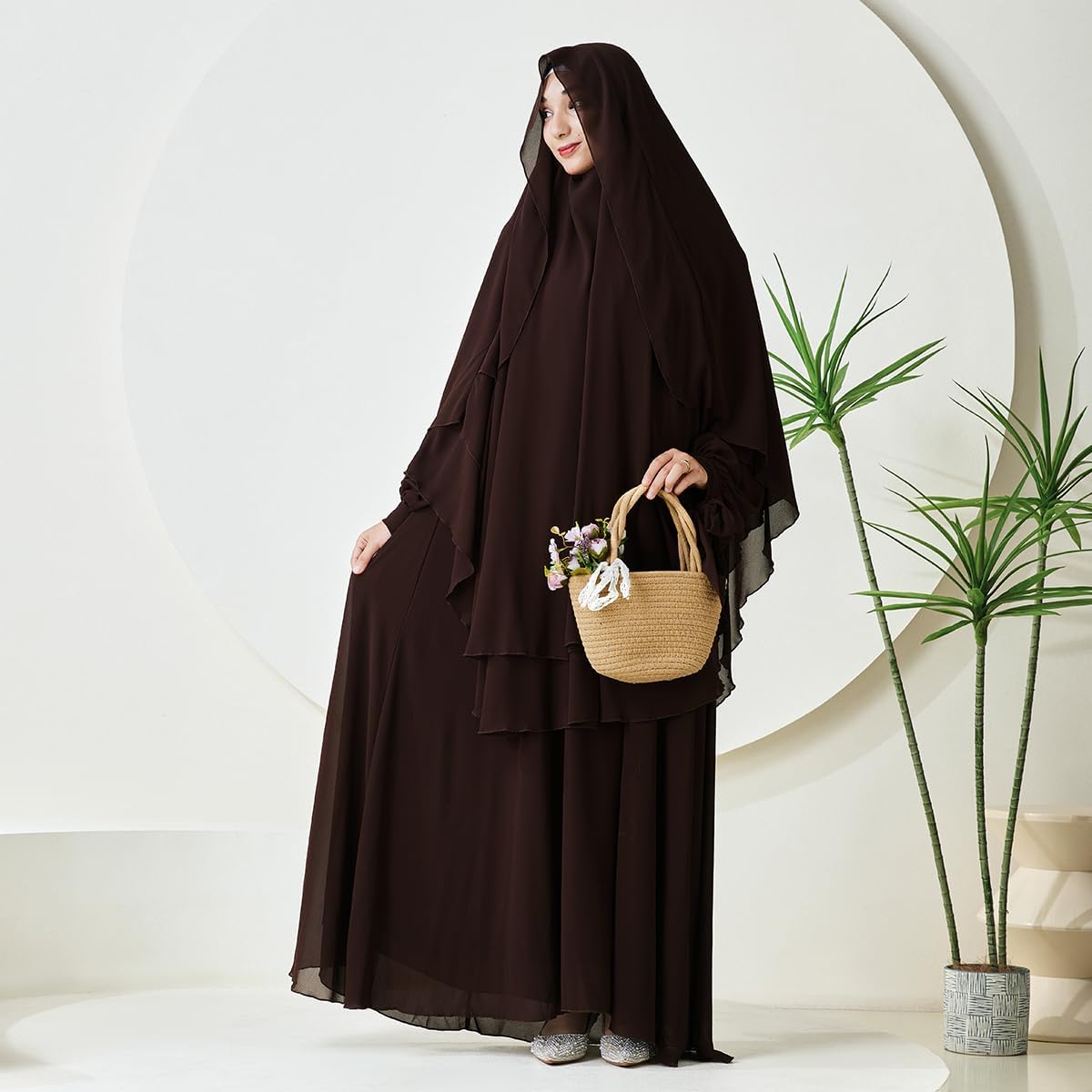 HajjOutfit Muslim Abaya Dress For Women 2Piece Chiffon Hijab Abaya Dress With Butterfly Sleeves