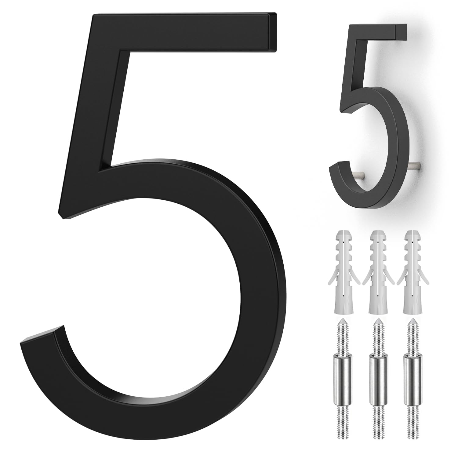modern house numbers for outside, 5 inch floating house numbers, metal address sign, mailbox number, with nail kit, never rust, matte black (black, 5)
