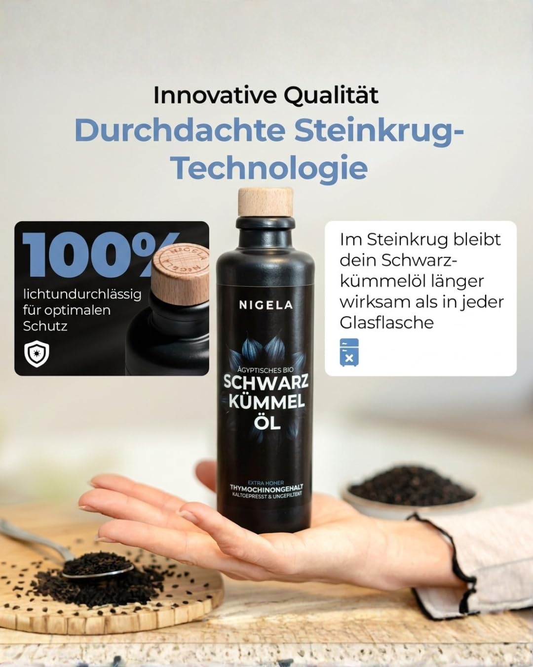 Nigela Olio di cumino nero – Alto contenuto di timocinone in 100% bottiglia in ceramica protetta dalla luce – Prodotto in Baviera – Qualità premium certificata e testata da laboratorio – 200 ml