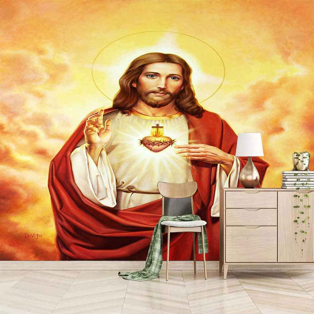 Papier peint photo 3D Jésus 400x280 cm poster mural auto-adhésif géant pour salon moderne