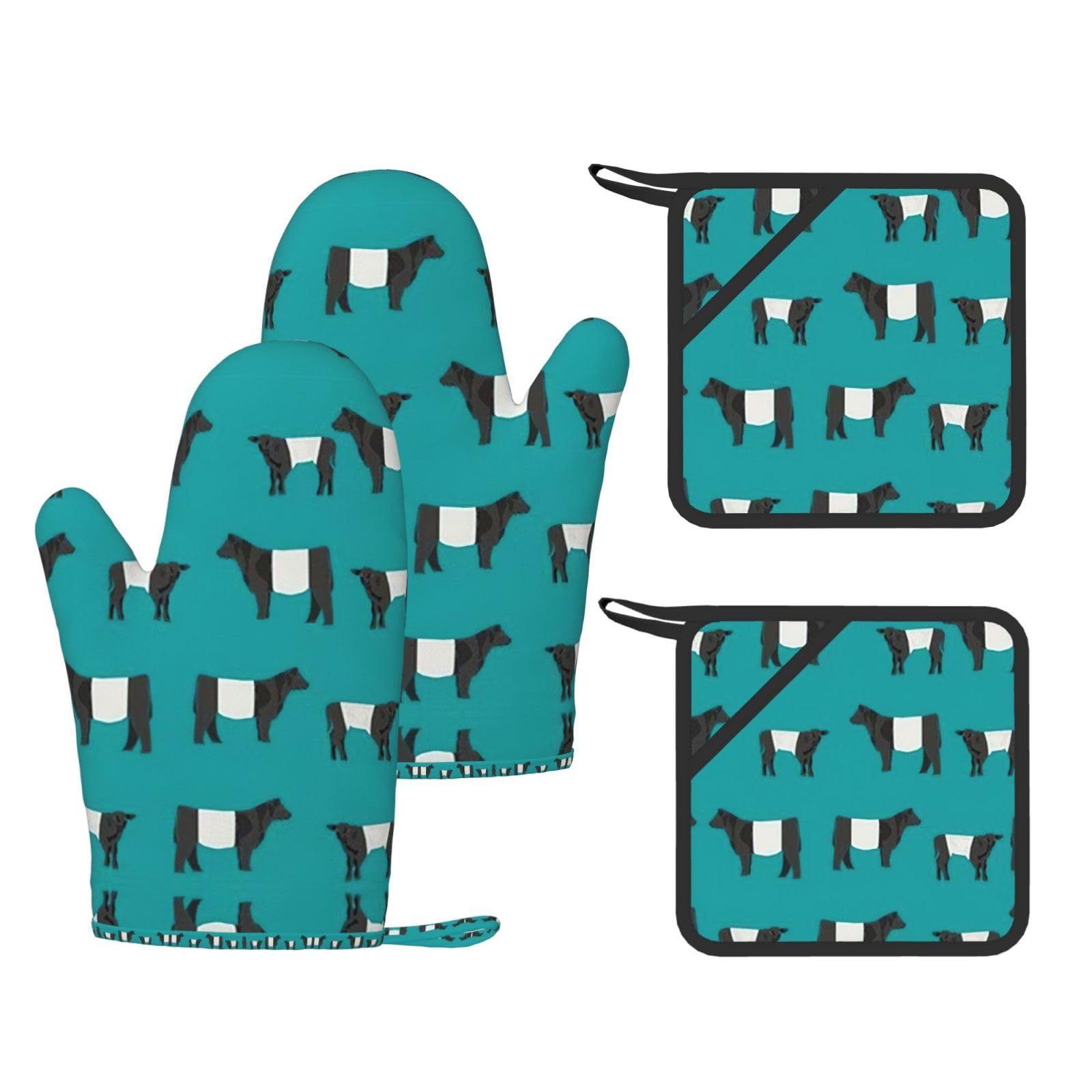 Galloway Cow Printed Oven Gloves and Hot Pads Set of 4, High Heat Resistant Silicone Mitts for Cooking BBQ