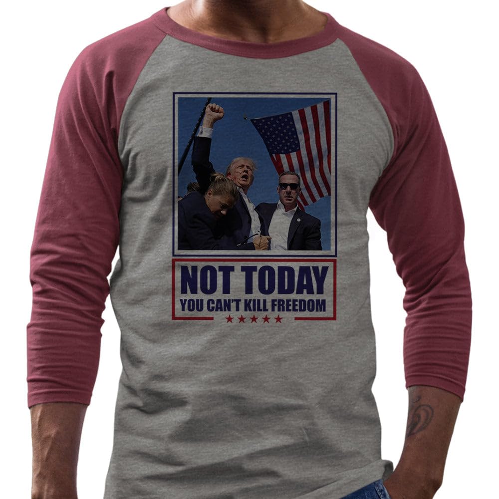 TeesAndTankYou Can't Kill Freedom Trump 2024 Three-Quarter Raglan Sleeve Baseball Shirt Unisex X-Small Grey/Maroon