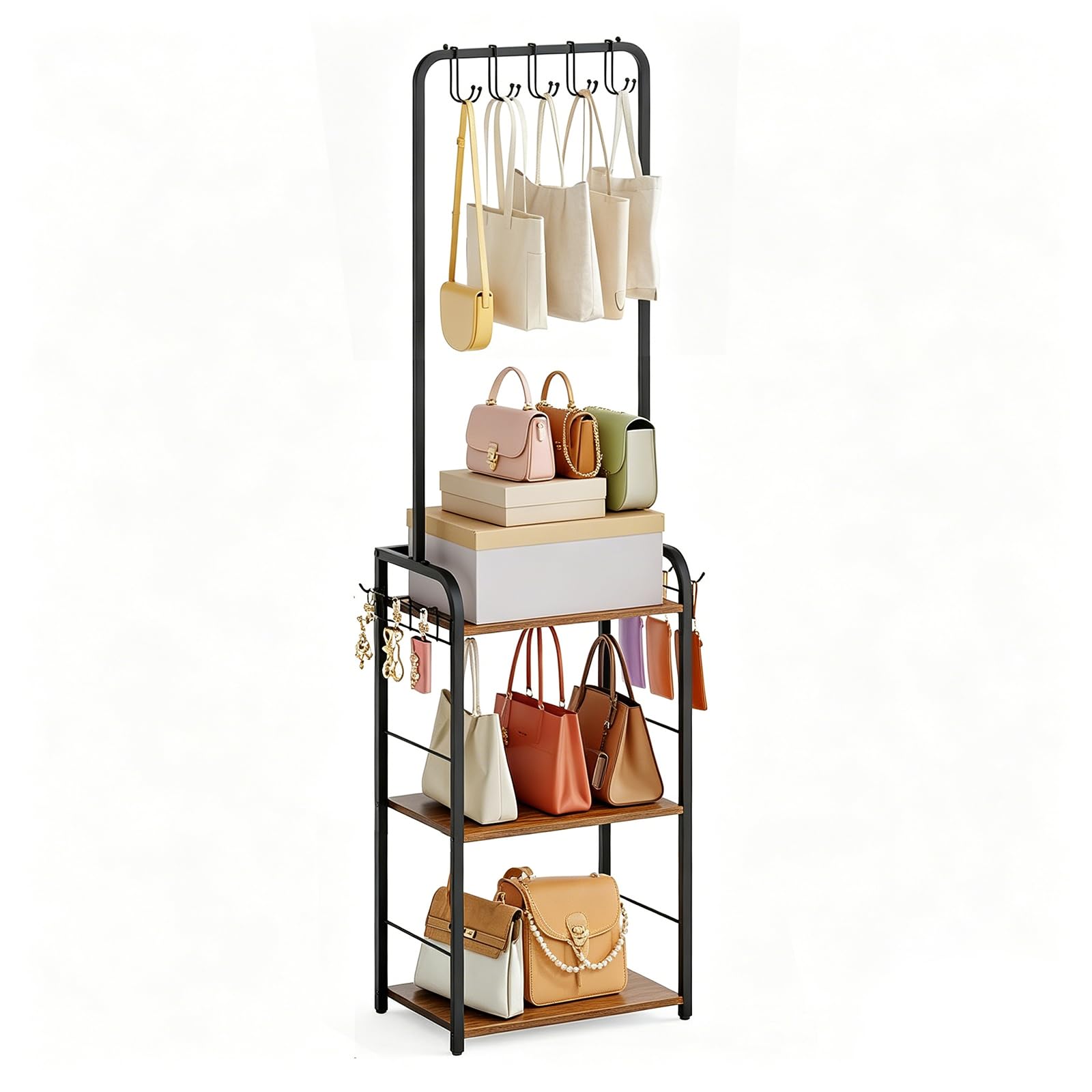 KZOBYD Organiseur de sac à main avec 3 étagères, crochets de suspension et crochets latéraux | Métal et bois, noir, sac de rangement étroit, pour chambre à coucher, couloir et dressing, 39 x 30 x 144 cm
