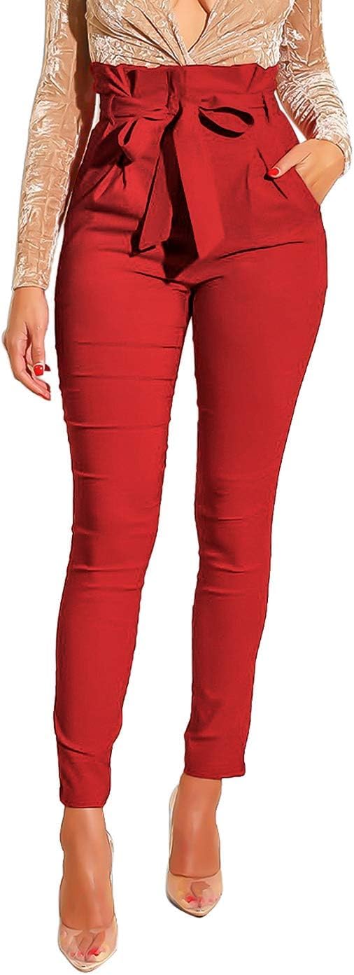 Ohvera Women's All Occasions Paper Bag Waist Pants Trousers with Tie Pockets