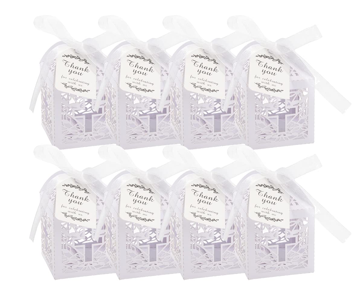 F Season 50pcs Candy Treat Gift Box with Laser Cut Hollow Cross and 50pcs THANK YOU gift tag with Ribbons for Wedding Christmas Party Birthday Christening Decorations