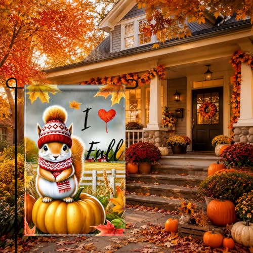 Image of BlissYard I Love Fall Garden Flag Squirrel Pumpkin Decor 12x18 Inch | Double sided polyester, I Love Fall squirrel artwork, cozy woodland charm for Thanksgiving porch and yard displays