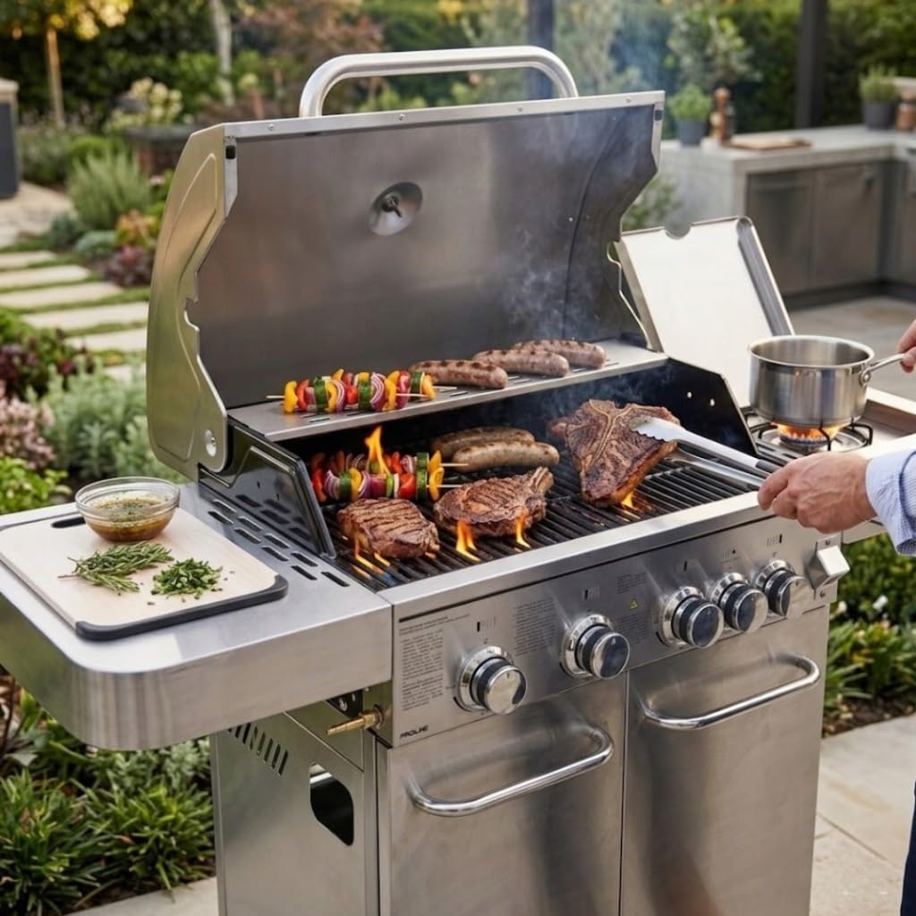 PROLINE Grill Gazowy Nierdzewny 4+1 17,15 kW – Grill Ogrodowy Premium z Rusztem Żeliwnym, Palnikiem Bocznym, Termometrem, Szafką na Butlę 11 kg, 74×44 cm, 48 kg, Zapłon Elektroniczny