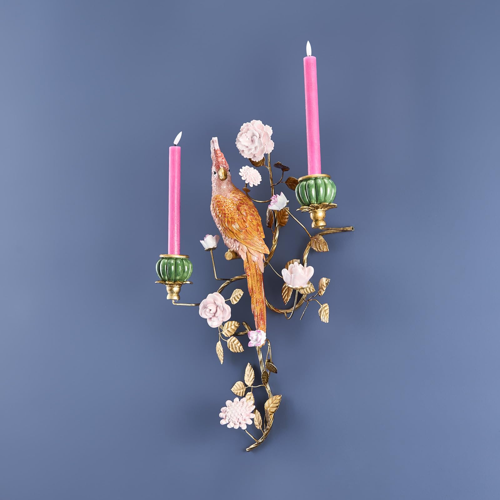 Design XL Wandkerzenhalter Papagei Gold – Statement Kerzenleuchter mit Blumen, Deko, handbemalt, 59x39,5x12 cm (H/B/T)