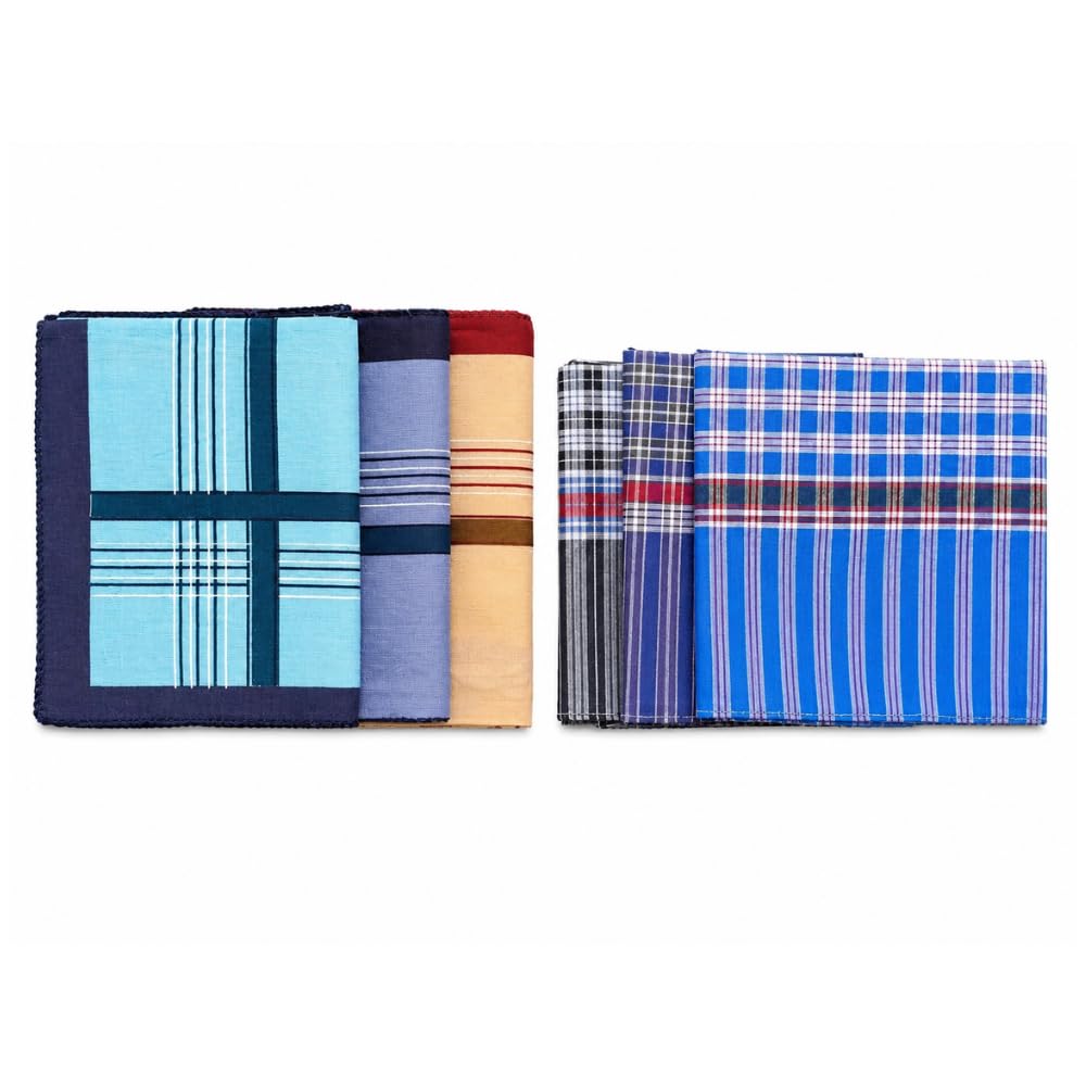 Premium Cotton Handkerchief for Men Combo Pack of 6 (3 Checkered + 3 Premium Collection) | 100% Pure Cotton Soft Absorbent Big Size Rumal | Washable Reusable Hankies for Office & Daily Use-picture-55