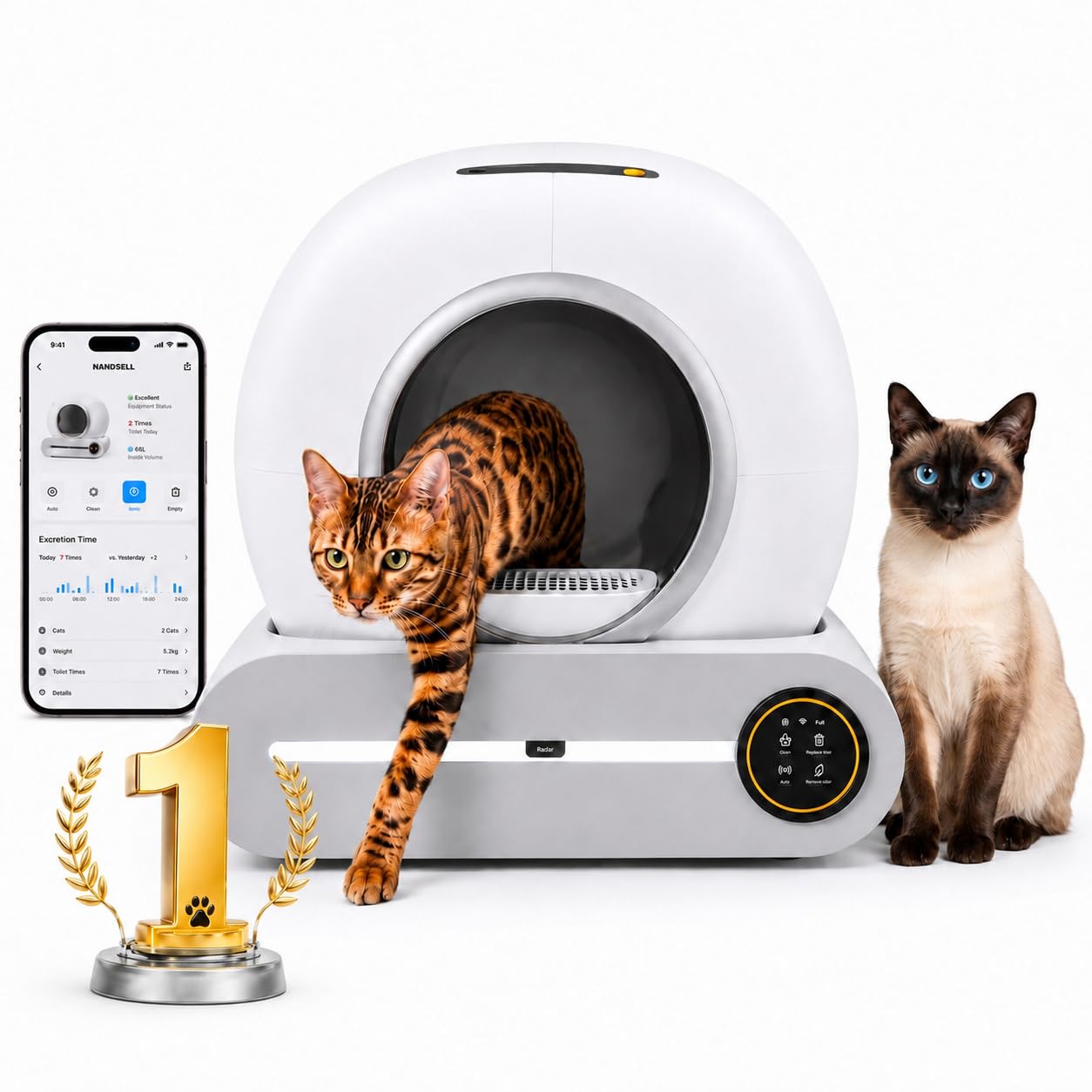 Arenero Autolimpiable para Gatos con App, Caja de Arena Automática 65L, Control de Olores, Monitor de Salud y Peso, Ultra Silencioso, Incluye Repuesto Base DE Arena Y Bolsas| Versión 2026