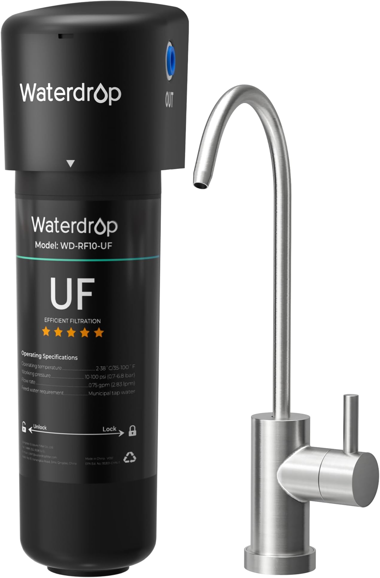 Waterdrop 10UB-UF Under Sink Water Filter System, 0.01 Micron Ultra Filtration Under Counter Drinking Water Filtration System, with Dedicated Stainless Steel Faucet, 8K High Capacity, USA Tech
