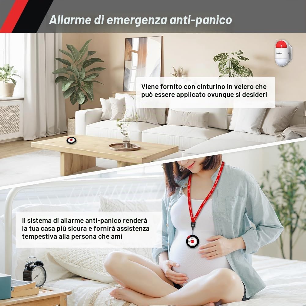 Allarme Panico, Pulsante Emergenza, Sirena e Luce Stroboscopica | Bottone SOS portatile con corda conveniente per casa, fabbrica, ospedale, magazzino, centro commerciale (batteria/USB)