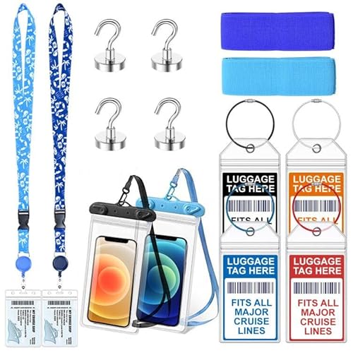 14 Pcs Carnival Cruise Essentials Kit Include Retractable Lanyards for Ship Card, Luggage Tags Holder, Towel Bands, Waterproof Phone Pouch, Magnetic Hook for Carnival, NCL, MSC, Costa 2026-2027