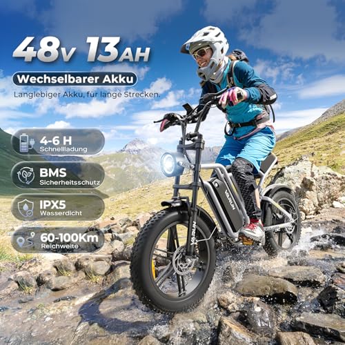 VARUN E Bike, 20 * 4.0 Zoll Fat Tire E-Bike für Herren Damen, Fatbike mit Abnehmbarem 48V 13Ah Akku, bis zu 100Km, 250W Motor, Vollgefedertes, Blinker, 7-Gang-All-Terrain Elektrofahrrad, EU-Konformes – Bild 3