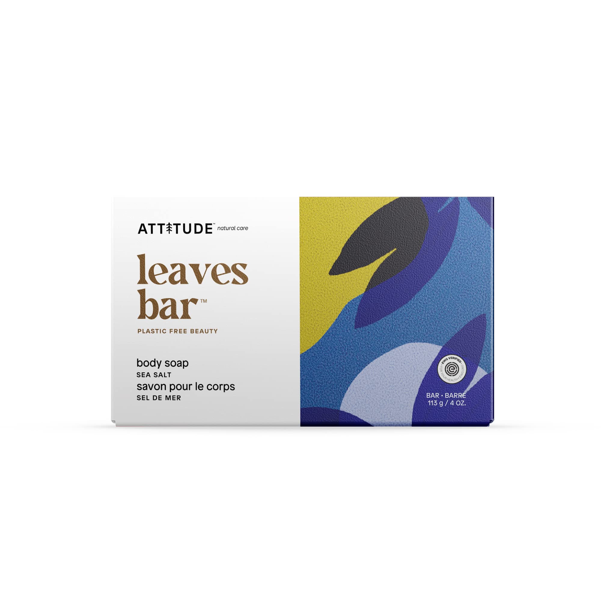 ATTITUDE Bath and Shower Body Soap Bar, EWG Verified, Plastic-free, Plant and Mineral-Based Ingredients, Vegan and Cruelty-free Personal Care Products, Sea Salt, 4 Ounces