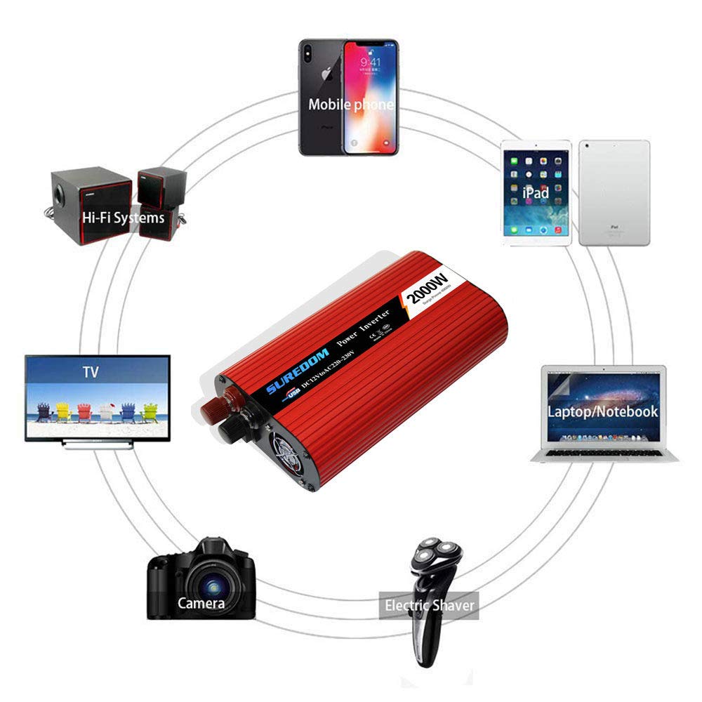 Inversor De Corriente 2000W Pico 4000W DC 12V/24V-110V/220V AC Salida, Dual Puertos USB 5V/2.1A para Coche, Caravana, Barco, CáMping,24V-220V