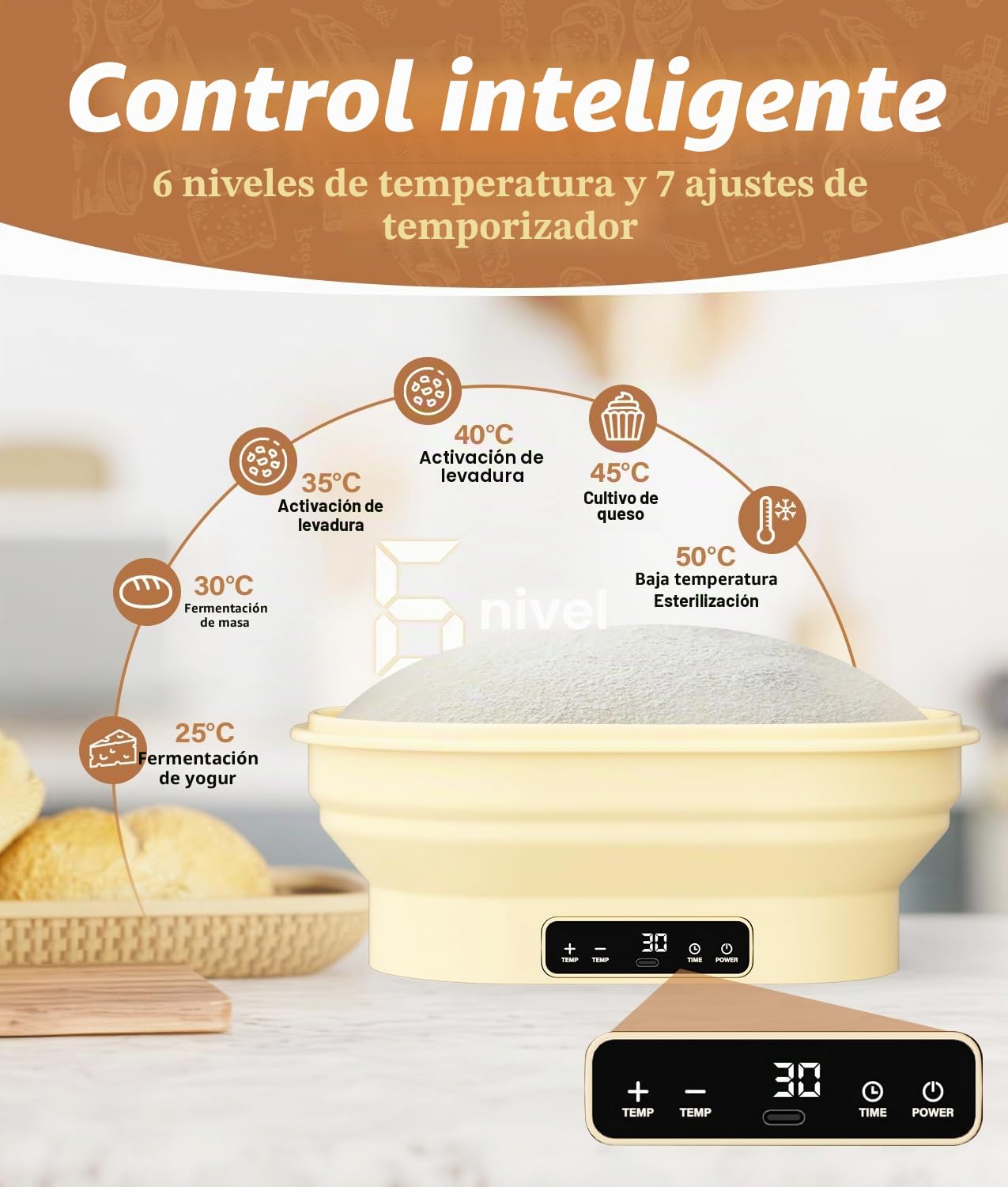 WADEO Juego de 18 piezas para fermentación de pan, Cámara de fermentación para masa madre con función de calentamiento: cesta de fermentación de 28 cm, termostato con 6 ajustes (25 °C-50 °C)
