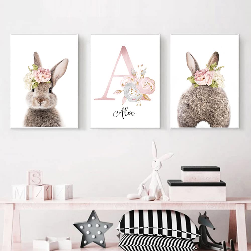 Youihom 3 Cuadros Personalizados Nombres 30 x 40 cm Rose Lienzo Conejo Laminas Infantiles para Habitacion Poster para Niñas Flores Cuadro Decoracion Dormitorio Bebe sin Marco