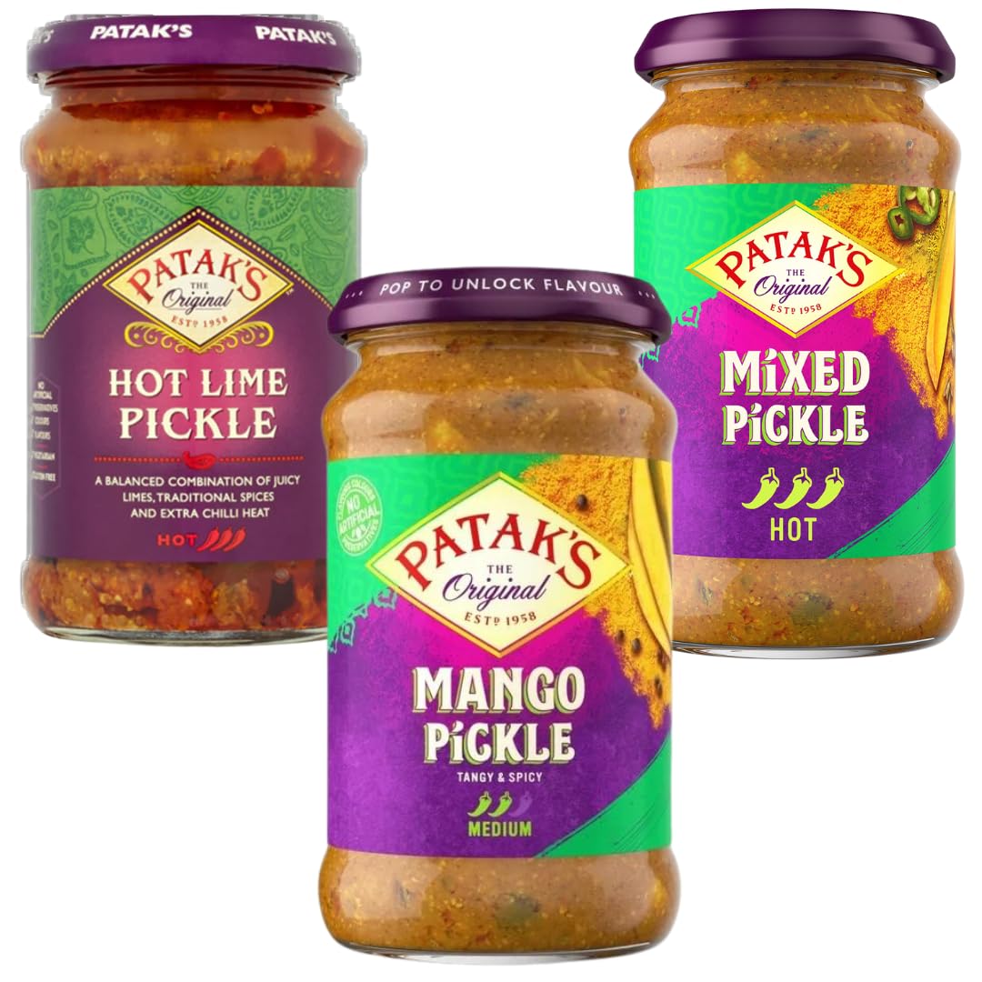 Hot Pickles Bundle With Hot Lime Hot, Medium Mango Pickle and Mixed Pickle From Patak (3 x 283g Jar Pack)