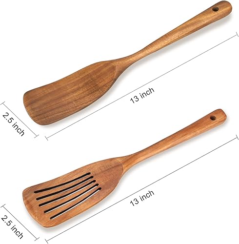Miniatura 3 de Juego de 2 espátulas de madera de acacia, utensilios de cocina antiadherentes, volteador ranurado, espátula plana de madera para cocina, wok para