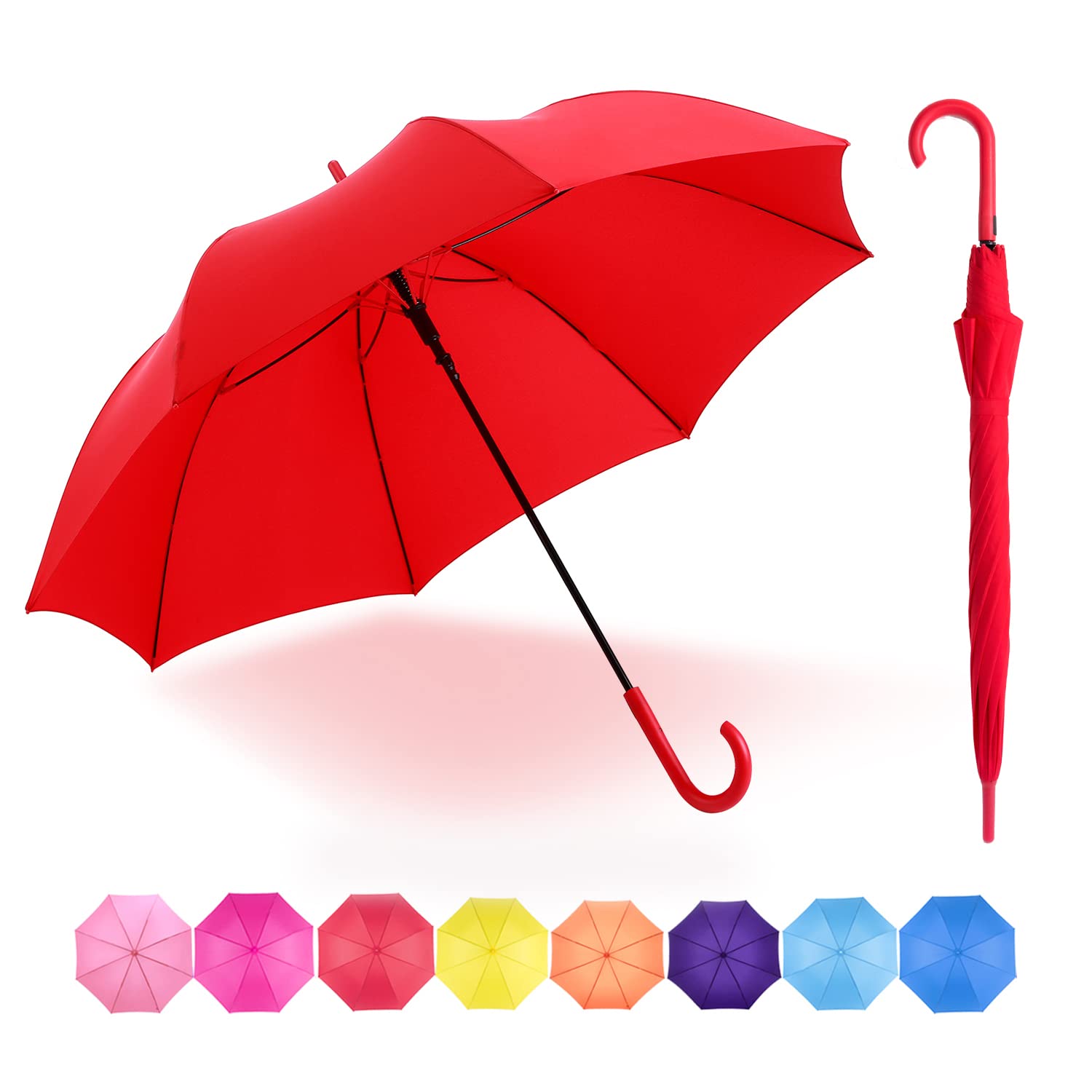 RUMBRELLARed Umbrella Auto Open with J Hook Handle, 50IN Stick Umbrellas Windproof