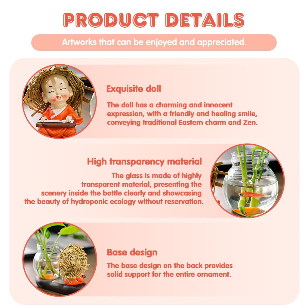 HASTHIP® Zen Hydroponic Glass Bottle Smile Little Monk Resin Desk Green Decor - Image 3 thumbnail
