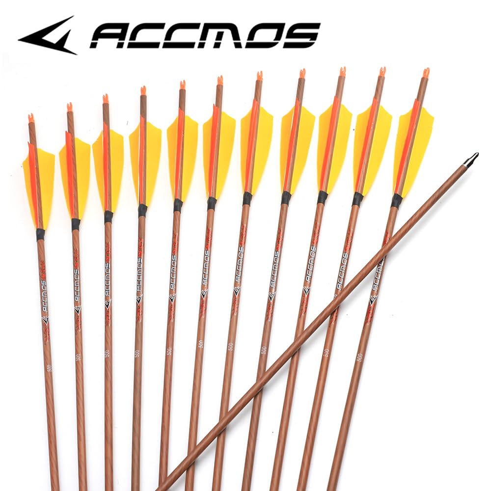 ACCMOS 12pz Frecce per Tiro con L'Arco ID 6,2 mm Spine 350 400 450 500 600 700 800 Simil Legno Freccia in Puro-Carbon 5" Piuma di Tacchino Freccia da Cacci (Spine 700, 31inch)