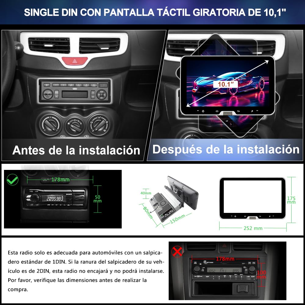 Junsun Android 13 Radio Coche 1 DIN, 10" Pantalla Táctil Giratoria con CarPlay, GPS, Bluetooth/29UI con Botón Deslizante