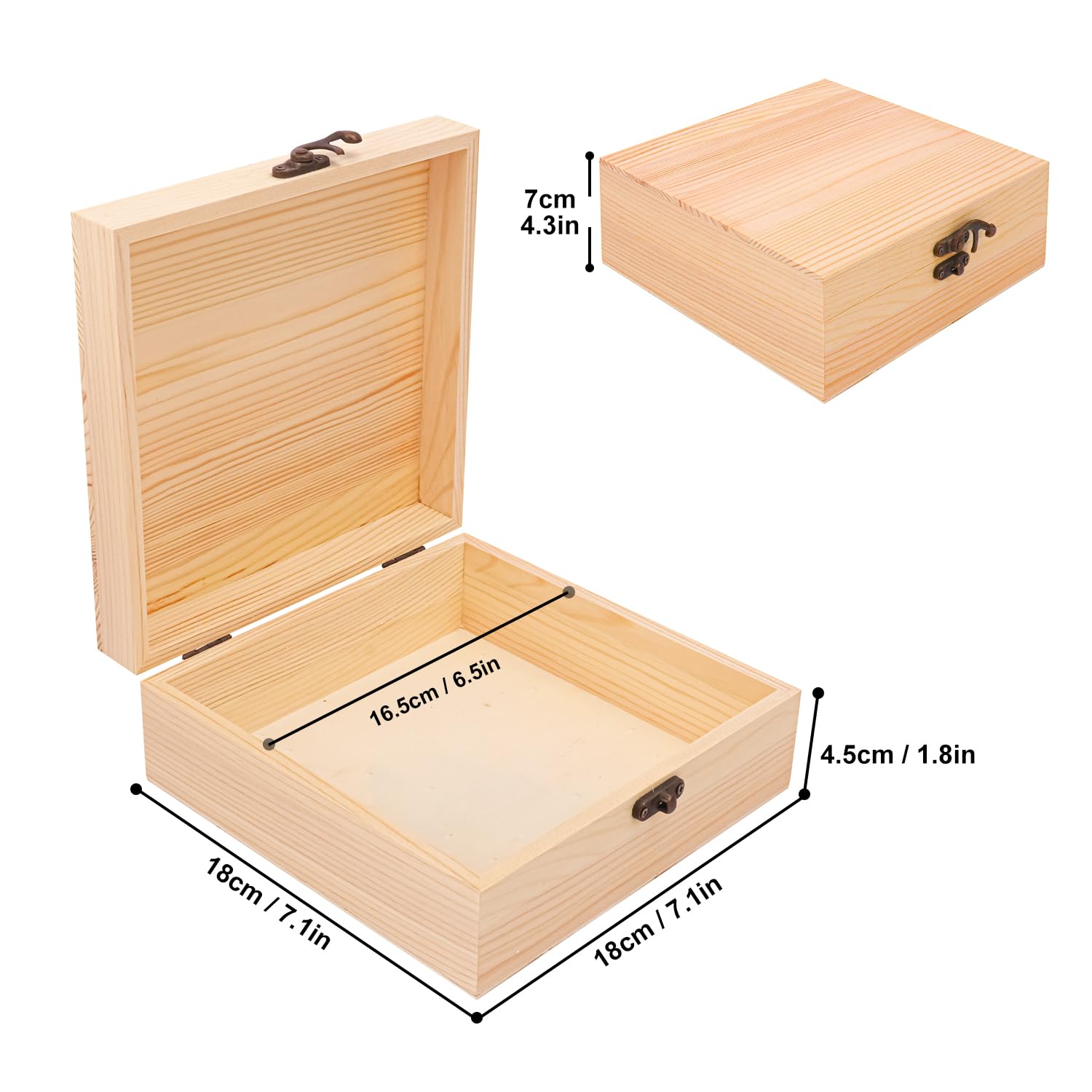 Paquete de 6 cajas de madera sin terminar sin pintar, caja lisa de pino para manualidades, caja de madera con tapa con bisagras para bricolaje, fines decorativos (7.1 x 7.1 x 2.75 pulgadas)