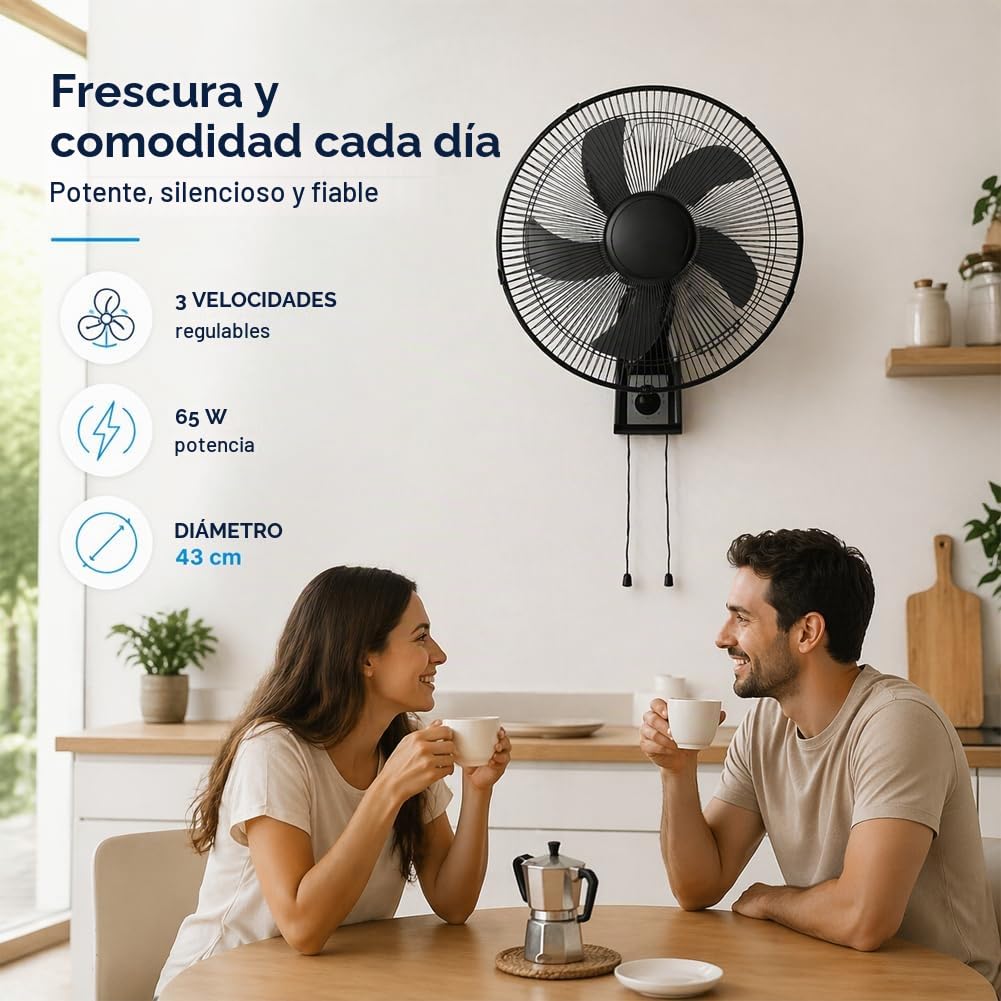 BAKAJI Ventilador de pared con rejilla de 43 cm, 3 niveles de velocidad seleccionables, 5 aspas, 65 W de potencia con oscilación lateral automática