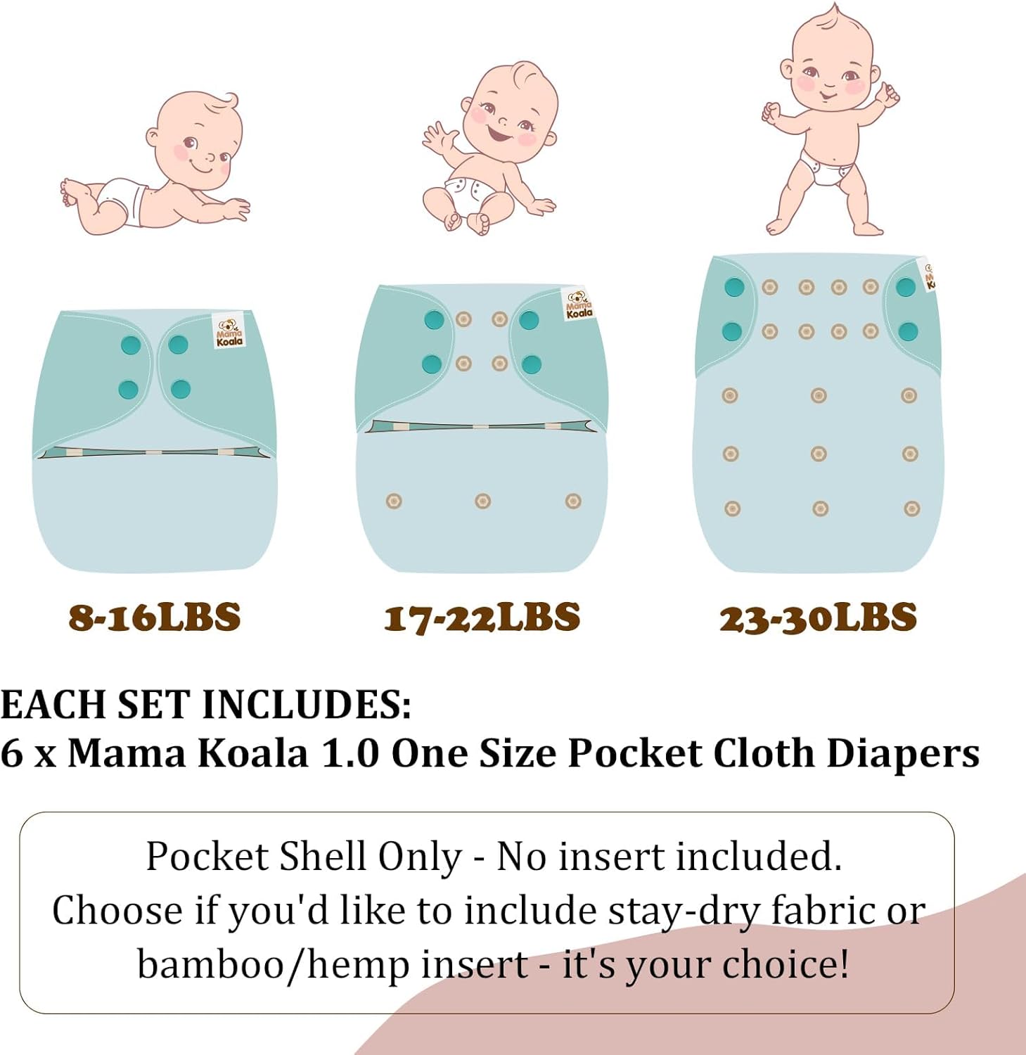 MK 3.0 Baby Cloth Diapers with 6 Inserts Bundle, with Bambo Liners, 5-Layer Bambo Inserts (6 Pack), Wet Bags and Pail Liners.
