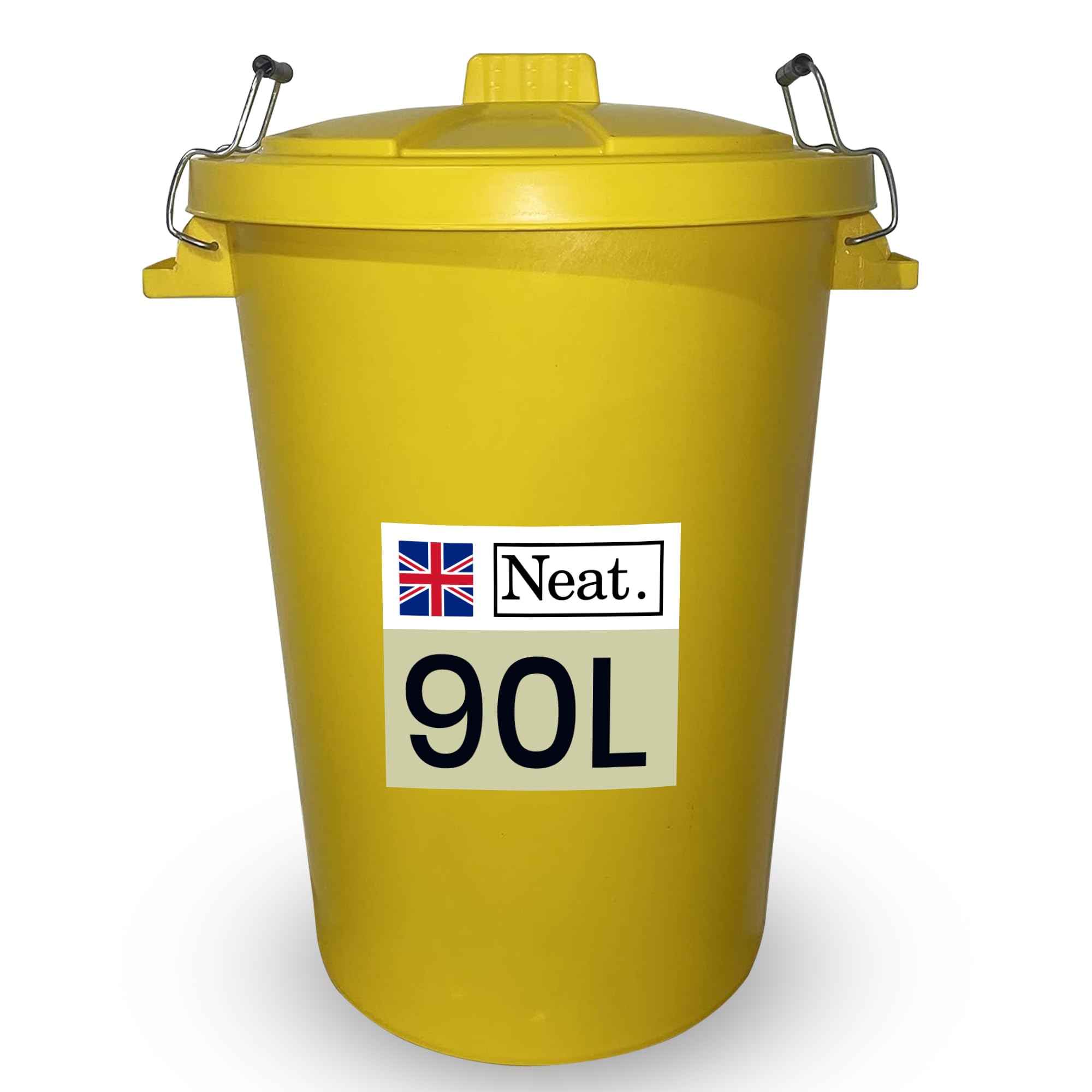 Neat. 90L Large Plastic Bin With Metal Handle and Lid, Heavy Duty Kitchen Container for Indoor Outdoor Waste, Refuse, Garden, or Animal Feed Storage - Yellow, 1 Pack