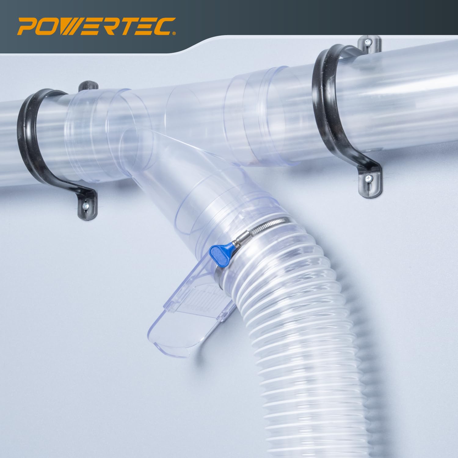 POWERTEC 70374 Staubsammelarmatur-Set mit transparenten Anschlüssen, Strahltoren und Edelstahl-Schlauchschellen für 3-Maschinen-Setup, Staubsammelsystem für Staubsammelschlauch (70374)