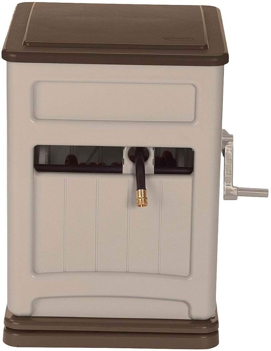 Suncast Resin Swivel Storage Bin Guide-Durable Outdoor Automatic Smart Trak 225 ft. Beige Free Standing Hideaway Hose Reel, 26 in. W x 21 in. D x 29-3/4 in. H, Mocha and Taupe